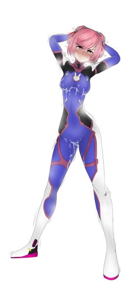 1girls breasts cosplay covered_in_cum cum_on_body cum_on_breasts cum_on_face d.va_(cosplay) doki_doki_literature_club female female_only genkun halloween halloween_costume natsuki_(doki_doki_literature_club) overwatch solo