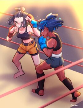 2girls amazu_(kurozu) aoi_(amazu) bare_shoulders barefoot black_hair black_socks blue_gloves blue_hair blue_shorts blush boxing boxing_ring breasts catfight cleavage commission crop_top female female_only fingerless_gloves forehead gloves highres medium_breasts multicolored_hair multiple_females multiple_girls navel no_shoes one_eye_closed open_mouth orange_shorts original ponytail red_gloves second-party_source short_shorts shorts sin_amazu socks stirrup_legwear streaked_hair sweat toeless_legwear