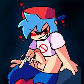 1boy blue_hair blush boyfriend_(friday_night_funkin) chibi clothing cyan_hair friday_night_funkin kuuderealt looking_at_viewer male penis penis_out smug_face solo solo_focus text