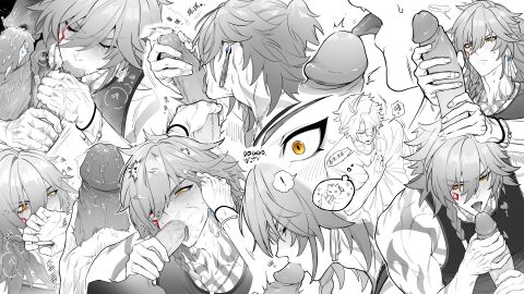 ! 2boys abs absurdres antenna_hair arm_tattoo black_tank_top blush chest_tattoo chinese_commentary chinese_text commentary_request doggo_0117 facial_tattoo fellatio gay gay_male greyscale hair_between_eyes handjob highres honkai:_star_rail honkai_(series) large_penis licking licking_penis male male_focus medium_hair monochrome multiple_boys multiple_males mydei_(honkai:_star_rail) oral penis phainon_(honkai:_star_rail) red_tattoo short_hair spoken_exclamation_mark spot_color tank_top tattoo toned toned_male topless_male translation_request white_sleeves yaoi