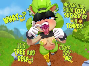 absurd_res afrosoricid anthro areola black_body blue_eyes breasts dialogue ear_piercing ear_ring english_text female green_hair hair heart_symbol hi_res idw_publishing looking_at_viewer mammal multicolored_body nipple_piercing nipples open_mouth outside piercing ring_piercing sega slightly_chubby slightly_chubby_anthro slightly_chubby_female solo sonic_the_hedgehog_(comics) sonic_the_hedgehog_(idw) sonic_the_hedgehog_(series) surge_the_tenrec talking_to_viewer tan_body tenrec text theboogie thick_thighs tongue tongue_out
