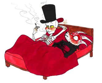 after_sex animated_skeleton bed bite_marks black_body blood_on_face crack_pairing crack_ship demon first_porn_of_character fran_bow furry goat_demon horns i_love_when_people_draw_ships_like_this_actually_(meme) itward_(fran_bow) koko_skelly meme no_humans post-nut_clarity regret remor_(fran_bow) shitpost skeleton skull smoking top_hat true_skeleton what white_background