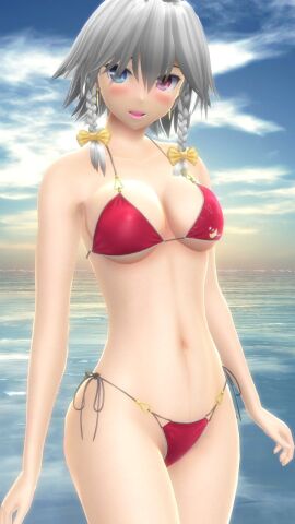 1girls 2023 3d beach belly_button bikini blush breasts clavicle cleavage clouds earrings female grey-haired_female hati_yukkuri_mmd heterochromia hips light-skinned_female light_skin mmd open_mouth outdoors red_bikini sakuya_izayoi short-haired_female sky solo_female solo_focus sun sunset swimsuit tied_hair touhou waist water yellow_bowtie