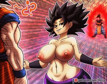 1boy 2d 2d_animation 2girls ? alternate_breast_size angry animated black_eyes black_hair bouncing_breasts bracelet breasts caulifla chichi chichi_(majin_buu_saga) dragon_ball dragon_ball_super earrings female full_color fully_clothed hair_bun male no_penetration pants partially_clothed presenting presenting_breasts red_eyes rezp saiyan short_hair son_goku voyeur wristband