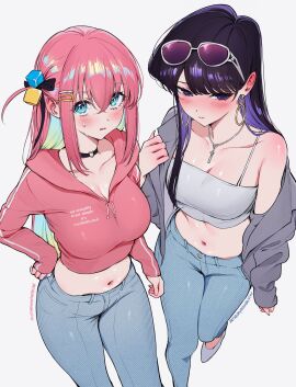 2girls aqua_eyes artist_name averting_eyes black_choker blue_pants blush bocchi_the_rock! breasts camisole choker cleavage collarbone commentary crop_top crossover denim ear_blush earrings eyewear_on_head female female_only gotou_hitori grey_jacket hair_between_eyes hair_ornament hand_on_own_hip heart heart_choker highres hood hoodie hoop_earrings jacket jeans jewelry komi-san_wa_komyushou_desu komi_shouko large_breasts long_hair long_sleeves looking_at_viewer midriff multiple_females multiple_girls navel necklace o-ring o-ring_choker pants parted_lips patreon_username pink_hair pink_hoodie purple_eyes purple_hair qiandaiyiyu sidelocks simple_background single_off_shoulder sleeves_past_wrists sunglasses white-framed_eyewear white_background white_camisole