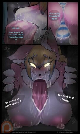 4_fingers absurd_res anthro big_breasts blep blonde_hair blue_eyes blue_highlights blush bodily_fluids bottomwear breasts canid canine clothed clothing cum cum_in_mouth cum_inside cum_on_body cum_on_breasts cum_on_face cum_on_penis cute_fangs duo fellatio female fingers fox fur genital_fluids genitals glowing glowing_eyes hair hi_res highlights_(coloring) male male/female mammal milkteafox milky_(milkteafox) multicolored_body multicolored_fur nipples oral panties panties_only penile penis pink_body pink_fur sex stuck sweat tears text tongue tongue_out topless two-tone_body two-tone_fur underwear underwear_only were werecanid werecanine werefox yellow_eyes