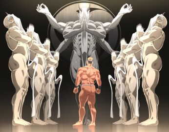 6_arms 8boys abs ass back_muscles back_view bald bara beefy big_penis black_background black_hair blonde_hair bubble_ass bubble_butt clawed_fingers claws covering_face cvpr1188_(jippa) drumsticks dyed_hair eight_pack erection erection_under_clothes feet fundoshi gay giant hachimaki headband height_difference hi_res holding_object horn male male_only mudra multi_arm multi_limb multicolored_hair muscles muscular muscular_arms muscular_ass muscular_back muscular_legs muscular_male muscular_thighs necklace oni original original_character pale_skin pecs penis pointy_ears prayer_hands praying red_skin ritual rokushaku_fundoshi short_hair side_view simple_background six_pack standing sweat sweatdrop sweating sweaty thick_arms thick_ass thick_penis thick_thighs toe_claws toes tomoe_(symbol) very_high_resolution white_fundoshi white_skin wristband yaoi