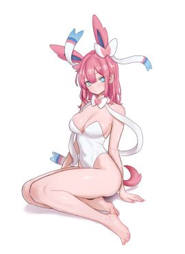 animal_ears barefoot blue_eyes feet female gen_6_pokemon highres humanization leotard long_hair looking_at_viewer nihu nintendo pink_hair pokemon smile soles sylveon toes