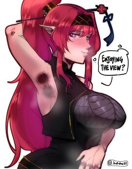 1girls armpit_hair armpits arms_up bangs blush bracelet breasts closed_mouth collarbone completely_nude earrings female female_only hair_ornament hairband hairy hairy_armpits hi_res highres jewelry kafuha large_breasts long_hair looking_at_viewer mole navel nude pointy_ears ponytail presenting_armpit purple_eyes red_hair side_view smell smelly smelly_armpits smile solo steam steaming_body watermark wet wuthering_waves yinlin_(wuthering_waves)