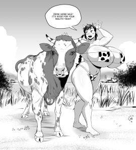 1girls 2024 arms_up ass barefoot belly_button big_ass big_breasts bikini bikini_bottom bikini_top black_and_white black_hair blush bovid bovine braid breasts busty calves cleavage clothed clothed_female clothes clothing cow cow_print cow_print_bikini curvaceous curvy duo english_text eyepatch_bikini fake_horns feet female feral front_view full_body gesture gigantic_breasts greyscale hair happy harorlood horns huge_ass huge_breasts human large_ass large_breasts light-skinned_female light_skin long_hair marina_(harorlood) monochrome navel open_mouth original original_character outdoors pose posing smile smiling speech_bubble standing stomach talking teeth text thick_thighs thighs toes tongue voluptuous wide_hips
