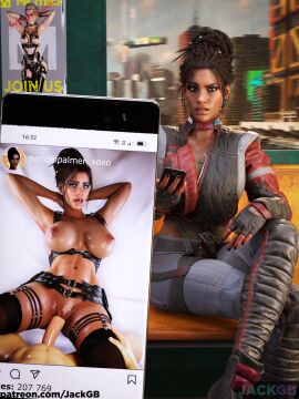 1boy 1girls 3d abs athletic athletic_female athletic_male bed belt big_breasts breasts brown_hair cyberpunk_2077 dark-skinned_female dark_skin daz3d exposed eye_contact female garter_belt hands_behind_head jacket jackgb jeans male missionary missionary_position nipples no_bra no_panties on_bed open_mouth panam_palmer parody penetration phone phone_screen pov public pussy sex shiny_skin sitting stockings subway suprised tagme topless vaginal_penetration