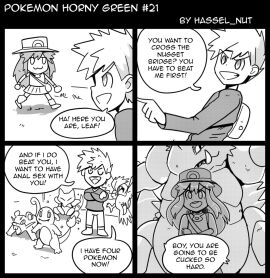 1boy 1girls abra blue_oak charmander comic english_text female hat leaf_(pokemon) male monochrome pidgeotto pokemon pokemon_(species) pokemon_frlg pokemon_horny_green pokémon_(species) rattata rivals speech_bubble text wolfgang_bang