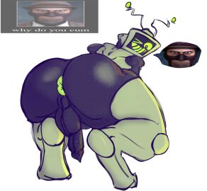 1boy 2d absurd_res anus ass backsack balls ballsack big_ass big_butt black_body crouching electronics english_text for_a_head genitals green_anus green_teeth hi_res human humanoid looking_at_viewer looking_back looking_back_at_viewer machine male male_only mammal meme meme_pose metal_limbs metallic_body object_head omegatronic one_eye_closed penis presenting presenting_hindquarters pyro_sd robot robot_boy robot_humanoid screen screen_face screen_head silver_body silver_skin simple_background solo speech_bubble spy_(team_fortress_2) team_fortress_2 teeth television text thick_thighs tv_head valve white_background wide_hips wink winking_at_viewer