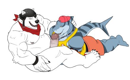 2boys absurd_res anthro bear clothing duo epic_games eye_contact fish fortnite gay genitals hi_res humanoid_genitalia humanoid_penis licking looking_at_another lying male male/male mammal marine muscular on_front open_mouth open_smile oral penile penis penis_lick polar_bear polar_patroller safety_first_steve sex seyrmo shark sitting smile tongue tongue_out ursine