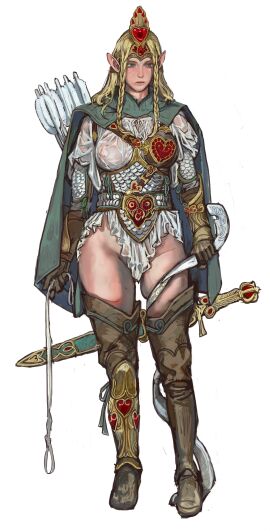 1girls blonde_hair cape elf female mossa no_panties see-through standing warrior white_background