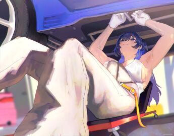 absurdres armpits arms_up blue_eyes blue_hair blurry breasts car commentary depth_of_field earrings english_commentary erasorpepero female gloves grey_jumpsuit hair_between_eyes highres holding_tool hololive hololive_english hololive_english_-council- hololive_english_-promise- jewelry jumpsuit large_breasts long_hair looking_up mechanic mechanic_coveralls motor_vehicle ouro_kronii sideboob signature socket_wrench solo source_request sweat tank_top under_car virtual_youtuber white_gloves white_tank_top