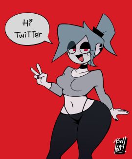 1609bell bell1609 belly breasts choker crop_top ear_piercing earrings english_text eyelashes female female_focus female_only grey_hair grey_skin leggings medium_breasts midriff navel oc original original_character painted_nails peace_sign ponytail rebecca_(bell1609) red_eyes speech_bubble thick_thighs thighs thong thong_straps v whale_tail wide_hips