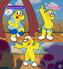 balls bandage blush bodily_fluids bottomwear briefs briefs_down bulge caught clothed clothing crowd dialogue dressing embarrassed erection foreskin genital_fluids genitals group hi_res humanoid_genitalia humanoid_penis koopa koopa_troopa koops looking_at_viewer male mario_(series) nintendo nutty_bo open_mouth paper_mario paper_mario:_the_thousand-year_door_(nintendo_switch) partially_clothed penis reptile scalie smile text toad_(mario) topwear uncircumcised underwear x-naut