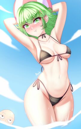 1boy 1girls :t alternate_breast_size anger_vein anisdrawn armpits arms_up ball_(object) bare_arms bare_shoulders beachball bikini black_bikini blue_sky blush breasts cloud commentary_request cowboy_shot curvy day female female_focus green_eyes green_hair highres large_breasts looking_at_viewer male nose_blush one-punch_man outdoors saitama short_hair side-tie_bikini_bottom sky solo_focus standing stomach swimsuit tatsumaki thighs thong_bikini wide_hips