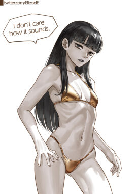1girls bangs belly bikini black_eyes black_hair black_lipstick breasts dark_hair elleciel.eud english_text fear_and_hunger fear_and_hunger:_termina female flat_chest gold_bikini human light-skinned_female light_skin lipstick long_hair looking_at_viewer navel pale-skinned_female pale_skin parted_lips pose ribs samarie_(fear_and_hunger) simple_background skinny slender_legs slim_waist small_breasts solo solo_female speech_bubble straight_hair swimsuit thighs twitter_link wide_hips