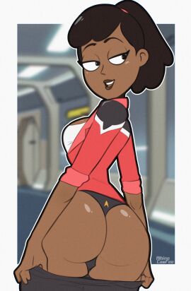 1girls 2d albinocawfee artist_name ass beckett_mariner brown_hair color dark-skinned_female dark_skin female female_only full_color human looking_back pulling_down_pants rear_view solo star_trek star_trek_lower_decks starfleet_uniform thong tied_hair