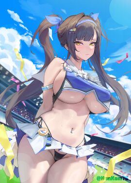 1girls armband bare_shoulders bay_(nikke) bay_(nikke)_(cosplay) belly_button black_hair black_panties blue_shirt blue_skirt blush breasts cheerleader cloud cosplay cowgirl_position crop_top crowd female football_field goddess_of_victory:_nikke hair_ornament headband hi_res highleg highleg_panties large_breasts long_hair looking_at_viewer marciana_(nikke) miniskirt nankam76 navel no_bra panties pleated_skirt pom_poms sailor_collar skirt sky sleeveless solo solo_female stomach sweat twintails underboob underwear yellow_eyes