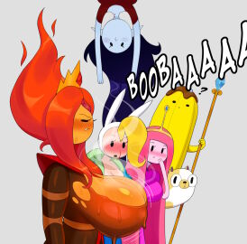1boy 5girls adventure_time banana_guard big_breasts black black_eyes black_hair blonde_hair blush breast_awe breast_envy breasts breasts_out cake_the_cat cartoon_network female fionna_the_human_girl flame_princess giant_breasts grey_skin huge_breasts idler_r male marceline nosebleed orange_skin pink_hair pink_skin princess_bubblegum red_hair vampire