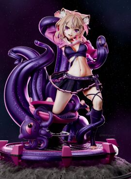 animal_ears black_skirt blonde_hair breasts crop_top female hair_ornament hairclip looking_at_viewer medium_breasts midriff miniskirt navel night night_sky open_mouth pleated_skirt short_hair skirt sky smile solo space squchan_(vtuber) star_(sky) starry_sky tentacle vyugen