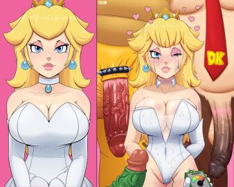 1girls 4boys after_fellatio after_sex anthro ape balls before_and_after big_penis blonde_hair blue_eyes bowser breasts cleavage clothing crown cuckold cum cum_on_breasts cum_on_face donkey_kong donkey_kong_(series) faceless_male female furry gorilla green_penis green_yoshi haplorhine huge_cock human koopa large_penis lipstick looking_at_viewer luigi male mario_(series) massive_penis necktie nintendo penis primate princess_peach pussy runny_makeup smile straight unseen_male_face vibrator vibrator_in_pussy voluptuous voluptuous_female yolkiin yoshi