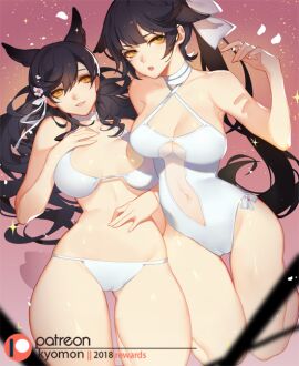 2girls adult adult_female animal_ear_fluff animal_ears armpit armpit_peek armpits atago_(azur_lane) atago_(summer_march)_(azur_lane) azur_lane bare_armpits bare_arms bare_belly bare_chest bare_hands bare_hips bare_knees bare_legs bare_midriff bare_navel bare_shoulders bare_skin bare_thighs belly belly_button bikini bikini_bottom bikini_only bikini_top black-haired_female black_hair breasts busty busty_female choker cleavage cleft_of_venus closed_mouth_smile collarbone curvy curvy_body curvy_female curvy_figure curvy_hips curvy_thighs dot_nose elbows exposed exposed_armpits exposed_arms exposed_belly exposed_legs exposed_midriff exposed_shoulders exposed_thighs female female_only fingernails fingers flower flower_hair_ornament flower_on_head gradient_background groin hair_between_eyes hair_ornament hair_ribbon hairless_armpits hand_hand_on_chest hand_on_own_belly hand_on_own_chest hand_on_own_stomach hand_on_stomach hourglass_figure knees knees_together kyomon large_breasts lean_figure legs legs_together light-skinned_female light_skin lips long_hair looking_at_viewer looking_up looking_up_at_viewer mature_female multiple_females multiple_girls narrow_waist navel nervous nervous_face nervous_female nervous_smile on_back one-piece_swimsuit open_mouth parted_lips pink_background ponytail pussy ribbon sakura_empire_(azur_lane) shaved_armpits shoulders shy shy_smile simple_background slender_body slender_waist slim_female slim_waist smile smiley_face smiling_at_viewer smirk smooth_armpits string_bikini swimsuit swimwear takao_(azur_lane) takao_(beach_rhapsody)_(azur_lane) thick_thighs thigh_gap thighs thin_waist tongue upper_body upper_teeth v-line wavy_hair white_bikini white_bikini_bottom white_bikini_only white_bikini_top white_choker white_hair_ribbon white_one-piece_swimsuit white_ribbon white_string_bikini white_swimsuit white_swimwear wide_hips yellow-eyed_female yellow_eyes