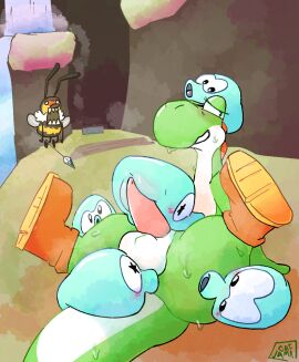 anthro arthropod balls bee blush blush_lines bodily_fluids catjam_(artist) clothing female feral footwear footwear_only genitals green_yoshi group honey_bee honeybee_(mario) honeyhive_galaxy hymenopteran insects looking_aside male male/female mario_(series) mostly_nude nintendo penis pussy shocked shoes shoes_only sitting slurple super_mario_galaxy sweat waterfall yoshi