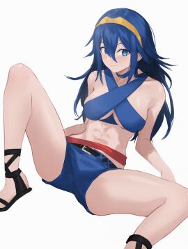 1girls bikini blue_eyes blue_hair brand_of_the_exalt breasts female fire_emblem fire_emblem_awakening kobi420 looking_at_viewer lucina_(fire_emblem) medium_breasts nintendo sitting sitting_on_floor spread_legs swimsuit symbol-shaped_pupils thighs tiara
