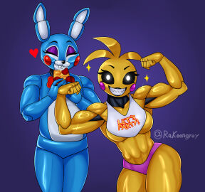 abs bib biceps bikini_bottom black_sclera bow bow_tie bowtie breasts buckteeth bunny_ears eating eyelashes female five_nights_at_freddy's five_nights_at_freddy's_2 flexing muscular muscular_female pizza rakoongrey rosy_cheeks sharp_teeth smiling thick_thighs thighs toned toned_female toy_bonnie_(fnaf) toy_chica_(fnaf) wide_hips