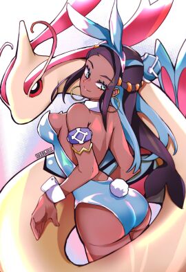 1340smile 1girls animal_ears bare_shoulders black_hair blue_eyes blue_leotard breasts bunny_ears bunnysuit dark-skinned_female dark_skin earrings fake_animal_ears fake_tail female from_behind highres hoop_earrings human jewelry leotard looking_at_viewer looking_back medium_breasts milotic nessa_(pokemon) playboy_bunny pokemon pokemon_(creature) pokemon_ss rabbit_ears rabbit_tail strapless strapless_leotard tail