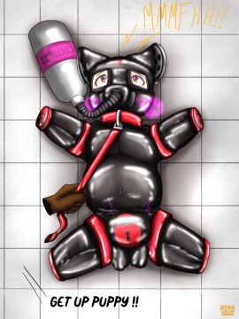 anthro aphrodisiac bitchsuit bondage bondage_gear bulge collar cricetid drakethefox gas_mask hamster hi_res latex leash male mammal mask petplay puppyplay rodent roleplay slave solo