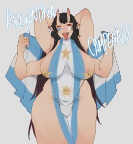 1futa 4_arms areolae argentine_flag arms_behind_head big_breasts black_hair body_paint breasts bulge clothed clothing flaccid forked_tongue futa_only futanari grey_background gyarusatan hi_res horns humanoid intersex light-skinned_futa light_skin long_hair looking_at_viewer mostly_nude multi_arm multi_limb narrowed_eyes nipples open_mouth penis penis_peek pointy_ears red_eyes slightly_chubby smiling smiling_at_viewer solo spanish_text susu_(gyarusatan) text thick_thighs thong thong_only tongue tongue_out topless very_long_hair