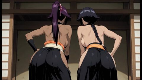 2girls ai_generated animated asnoble ass ass_focus ass_shake ass_shaking backboob bare_back bare_shoulders bleach bubble_butt butt_focus butt_jiggle butt_shake dancing female female_focus female_only from_behind hips_cutout jiggling_ass jiggling_butt no_sound pants ponytail presenting presenting_ass presenting_butt round_ass round_butt shaking shaking_ass shaking_butt shihouin_yoruichi shinigami_uniform soifon sui-feng tagme take_your_pick twerk twerking video