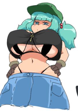 1girls big_breasts blue_eyes blue_hair breasts female gloves low-angle_view nitori_kawashiro solo solo_female tank_top thong touhou twintails underboob white_background zedrin