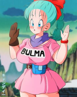 blue_eyes blue_hair breasts bulma_briefs dragon_ball dragon_ball_(classic) female hair_ornament kyandi_db large_breasts miniskirt nature pink_skirt skirt solo teenage_bulma