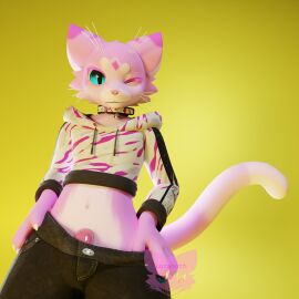 1:1 3d_(artwork) absurd_res anthro barely_visible_genitalia bell bell_collar belly blender_cycles bottomwear bottomwear_pull clothed clothing clothing_pull collar digital_media_(artwork) domestic_cat felid feline felis felura fur genitals hi_res hoodie luramoth male mammal markings mayu_(azuki) no_underwear nonbinary_(lore) one_eye_closed pants pants_pull pink_body pink_fur simple_background solo tail tail_markings topwear whiskers white_belly yellow_background