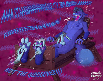 anthro balls begging blue_body bodily_fluids bondage bondage_chair bondage_furniture bound brush canid canine canis claws clothing cuff_(restraint) ears_back exclamation_point feet fluffy fluffy_tail footprint fox genital_fluids genitals gloves handwear hi_res hybrid knot leaking_precum leather leather_cuffs lemonlordvenom male male_focus male_only mammal markings overstimulation pawpads pawprint pawprint_(marking) paws penis pink_eyes pinwheel pivoted_ears precum restraints solo stocks straps tail tail_motion tailwag teeth text tickle_torture tickling tickling_feet tickling_genitalia tickling_penis toe_claws toes toothbrush what wolf