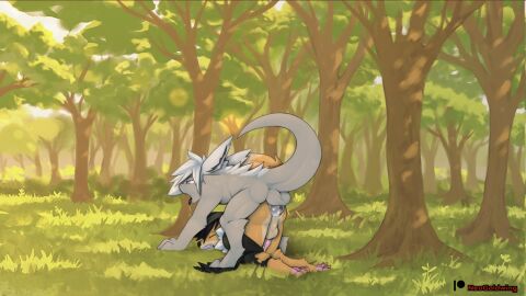 anal anal_sex ass balls black_penis black_tongue bodily_fluids chef_(love_exalt_8372) clothing cum cum_in_ass cum_inside doggy_style duo forest forest_background from_behind_position fur genital_fluids genitals grey_body grey_fur healer_(love_exalt_8372) knot love_exalt_8372 male male/male nature nature_background neo_goldwing_(artist) outside_sex penetration penis plant red_eyes semi-anthro sex tail team_veki tongue torn_clothing tree unknown_species white_body white_fur