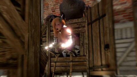 1girl 3d_animation avarice(kleinvoimond) barn blonde_hair breeding_mount_use cowprint horns huge_breasts kleinvoimond moaning_in_pleasure monster monster_fucking oc red_eyes tagme video