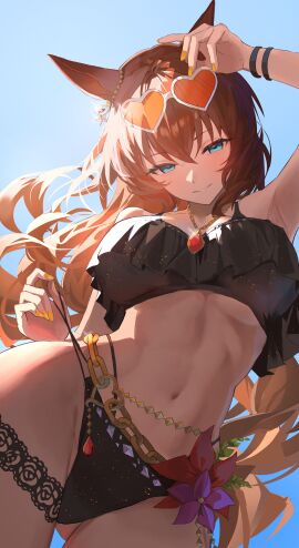 animal_ears armpits artist_request big_breasts bikini bikini_pull blue_eyes breasts brown_hair chain chains flower highres horse_ears horse_girl maruzensky_(umamusume) midriff nail_polish solo_female sunglasses sunglasses_on_head swimsuit tagme toned toned_body umamusume umamusume_pretty_derby