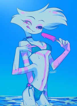 2024 4_arms angel_dust_(hazbin_hotel) animal_humanoid arachnid arachnid_humanoid arthropod arthropod_humanoid bikini bodily_fluids bulge clothed clothing crossdressing different_colored_sclera digital_media_(artwork) enaic31 facial_markings femboy food hair hazbin_hotel head_markings hi_res humanoid male markings multi_arm multi_limb popsicle sea signature sky solo solo_male summer sweat sweatdrop swimwear teasing teasing_viewer two-piece_swimsuit water white_body white_hair