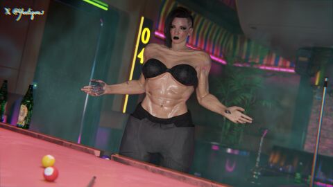 3d billiard_table black_lipstick black_nails bra cyberpunk_2077 looking_at_viewer muscular_futa pants valerie_(cyberpunk_2077) veiny yeetiques