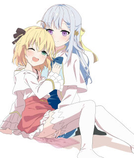 2girls absurdres ahoge anisphia_wynn_palettia black_bra black_ribbon black_socks blonde_hair blue_bow blue_bowtie blue_hair blue_skirt bow bowtie bra capelet closed_mouth commentary_request euphyllia_magenta female fingering fingering_partner green_eyes hair_ribbon highres long_hair long_sleeves medium_hair multiple_females multiple_girls no_shoes off_shoulder one_eye_closed open_mouth pink_skirt purple_eyes pussy pussy_juice pussy_juice_stain ribbon saliva shirt simple_background skirt smile socks soha_(sirohase) tensei_oujo_to_tensai_reijou_no_mahou_kakumei thighhighs underwear white_background white_capelet white_shirt white_thighhighs yellow_ribbon yuri