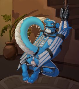 4_toes anal anal_plug anal_sex ankle_cuffs ankles_tied anthro arms_together aroused ass backsack balls ballsack blue_body bodily_fluids bondage bondage_gear bondage_gloves bound buttplug buttplug_in_ass buttplug_insertion carpet chained chains chastity_cage chastity_device claws clothing collar crazydonkey cuff_(restraint) discipline dorsal_spikes dragon dripping feet floor gag gagged genital_fluids genitals handwear head_turned hi_res humiliation inside kneeling looking_at_viewer looking_back looking_back_at_viewer lube_in_ass male metal_chastity_cage muzzle_(object) mythological_creature mythological_scalie mythology object_in_ass paw_mitts penetration petplay plant plant_pot plug_(sex_toy) plug_insertion potted_plant precum precum_drip railing raised_tail rear_view restraints roleplay scales scalie sex_toy sex_toy_in_ass sex_toy_insertion shadow slave solo spiked_tail spikes spikes_(anatomy) spreader_bar spreading stairs straps submissive submissive_male tail tail_restraint three-quarter_view toe_claws toes wings_tied wood_pole worried_look wrists_tied yellow_eyes