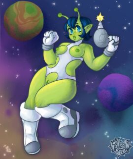 1girls alien alien_girl breast_cutout breasts breasts_out cutout easy_access female floating green_skin gun in_space no_nose partially_clothed patreon pussy pussy_cutout raenbowcat sci-fi shaved_crotch shaved_pussy solo solo_female solo_focus
