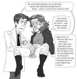 2boys 2males balls big_balls big_penis black_and_white checkup clean_shaven concerned concerned_expression concerned_look conversation dark_hair dark_socks darker_balls darker_penis dialogue dialogue_bubble doctor english english_dialogue english_text facial feet floppy_cock foreskin glasses hairy_balls hairy_legs hairy_male hoodie huge_cock innocent large_balls large_penis large_testicles light_brown_hair long-haired_male long_hair long_socks looking_at_another loose_foreskin male male/male male_focus male_only medical medical_examination medical_fetish mr_shrink no_sex partially_colored penis penis_awe penis_size_talk professional_clothes pubic_hair screentone scruffy scruffy_beard size_talk smaller_male socks talking_to_another teasing_penis testicles text uncensored uncircumcised uncircumcised_penis uncut uncut_cock uncut_penis